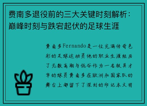 费南多退役前的三大关键时刻解析：巅峰时刻与跌宕起伏的足球生涯