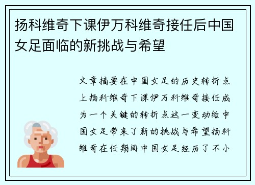 扬科维奇下课伊万科维奇接任后中国女足面临的新挑战与希望