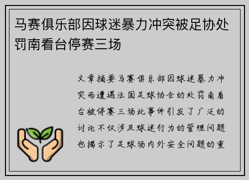 马赛俱乐部因球迷暴力冲突被足协处罚南看台停赛三场