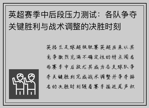 英超赛季中后段压力测试:各队争夺关键胜利与战术调整的决胜时刻 英超赛季中后段压力测试:各队争夺关键胜利与战术调整的决胜时刻